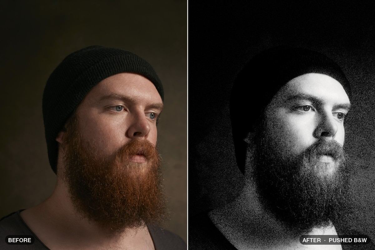 Photo before and after the Pushed B&W patch