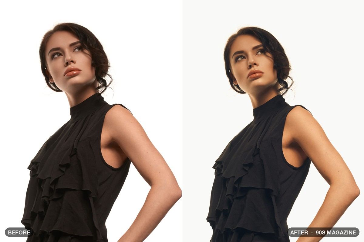 Studio portrait before and after the 90s Magazine look made in Infinite Nodra.