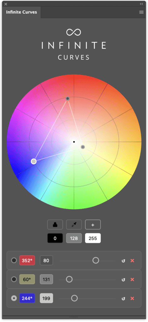 Infinite Curves panel in Photoshop with an RGB color wheel, a triangle of three points, and a list of three point layers