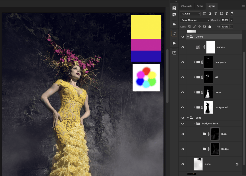 The layers of practice_image.psd in Photoshop: color groups, masks and dodge & burn