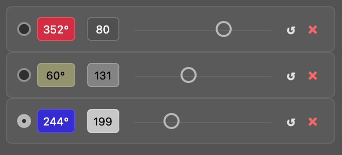 List of three point layers with hue values 352°, 60°, and 244°, each with a luminosity value and strength slider