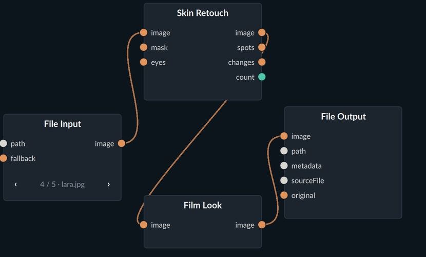 The patch behind it: File Input, Skin Retouch, Film Look and File Output nodes connected by cables.