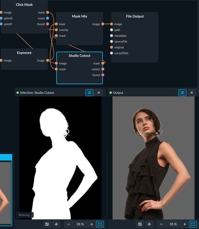 Click Mask picks a standing woman in a studio photo with two clicks (body and head), Studio Cutout refines the edge down to loose strands of hair: the white-on-black mask next to the result with the background darkened.