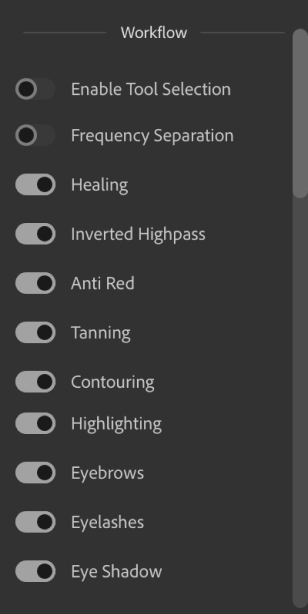 Workflow list of editing steps, each with an on/off toggle