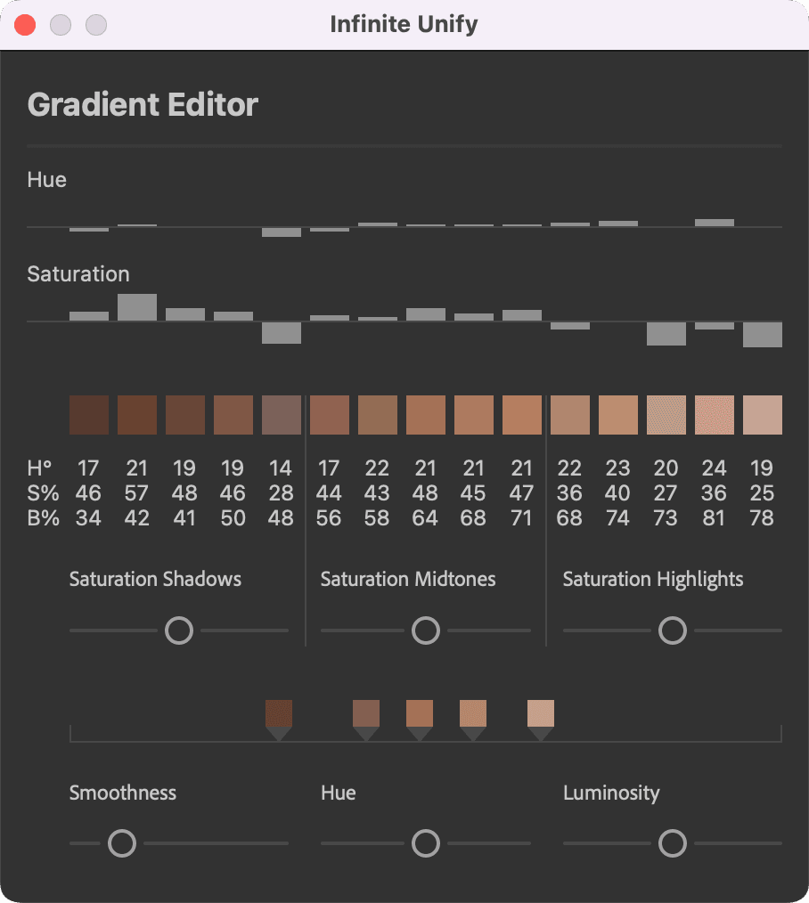 Infinite Unify Gradient Editor window with hue and saturation bars, color swatches with values, and sliders for saturation, smoothness, hue and luminosity