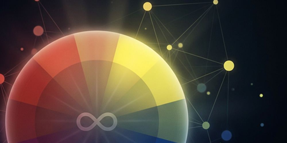 Color wheel with red and yellow segments and a network of glowing points on a dark background
