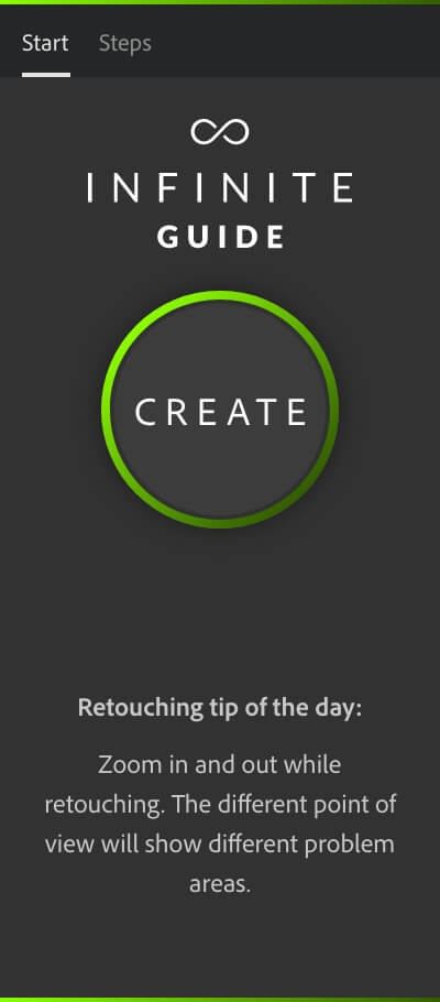 Infinite Guide panel in Photoshop with a Create button and a retouching tip of the day