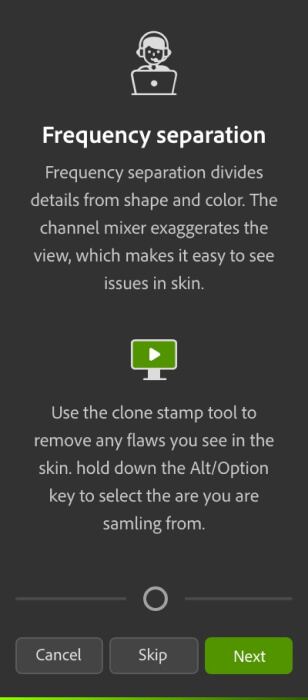 Panel step titled Frequency separation with a short explanation, a tip, and Cancel, Skip and Next buttons