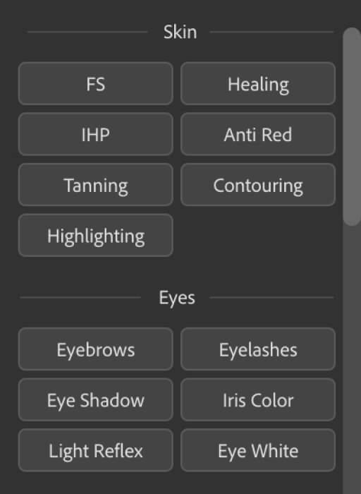 Panel with buttons for retouching steps such as FS, Healing, IHP, Anti Red, Tanning, Contouring, Highlighting, Eyebrows and Eyelashes