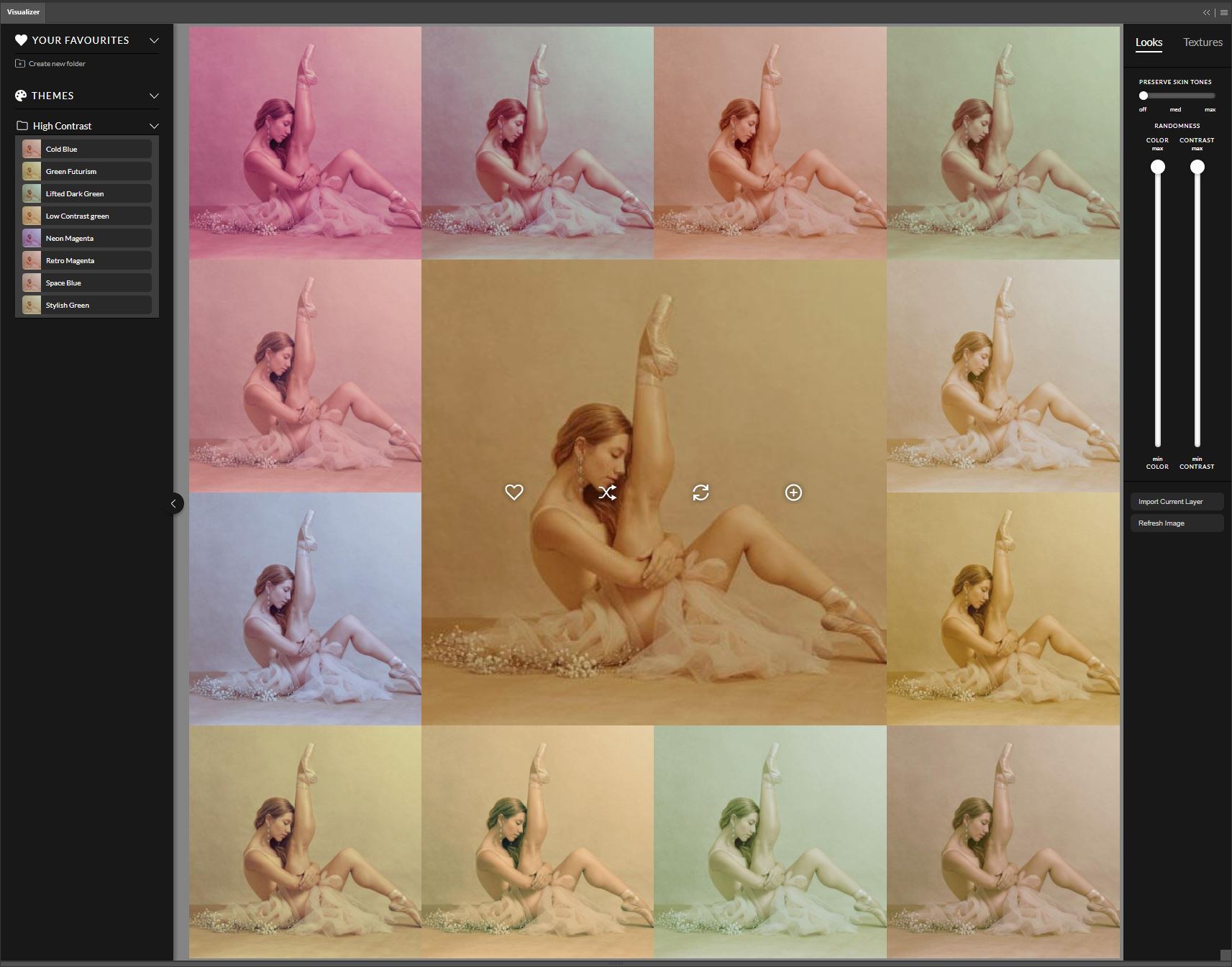Infinite Looks Visualizer panel in Photoshop with a grid of color-graded previews of the same portrait, a favourites list, and Color and Contrast sliders