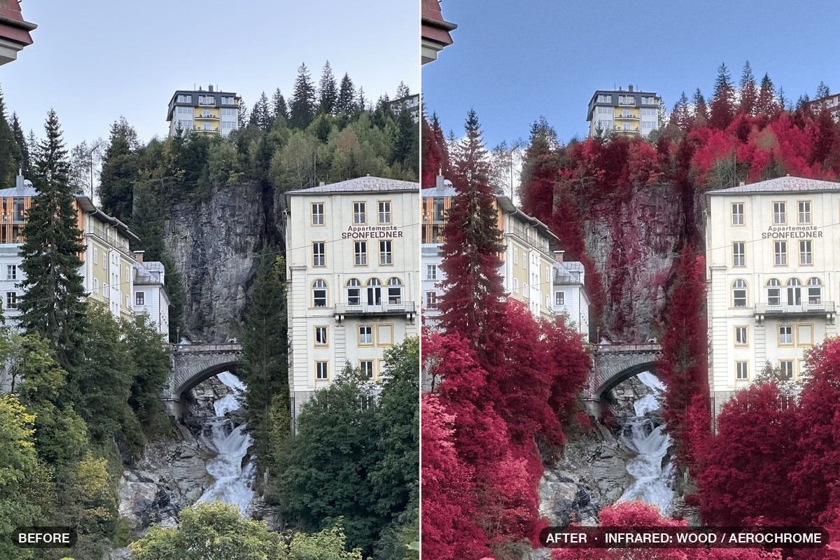 Photo before and after the Infrared: Wood / Aerochrome patch