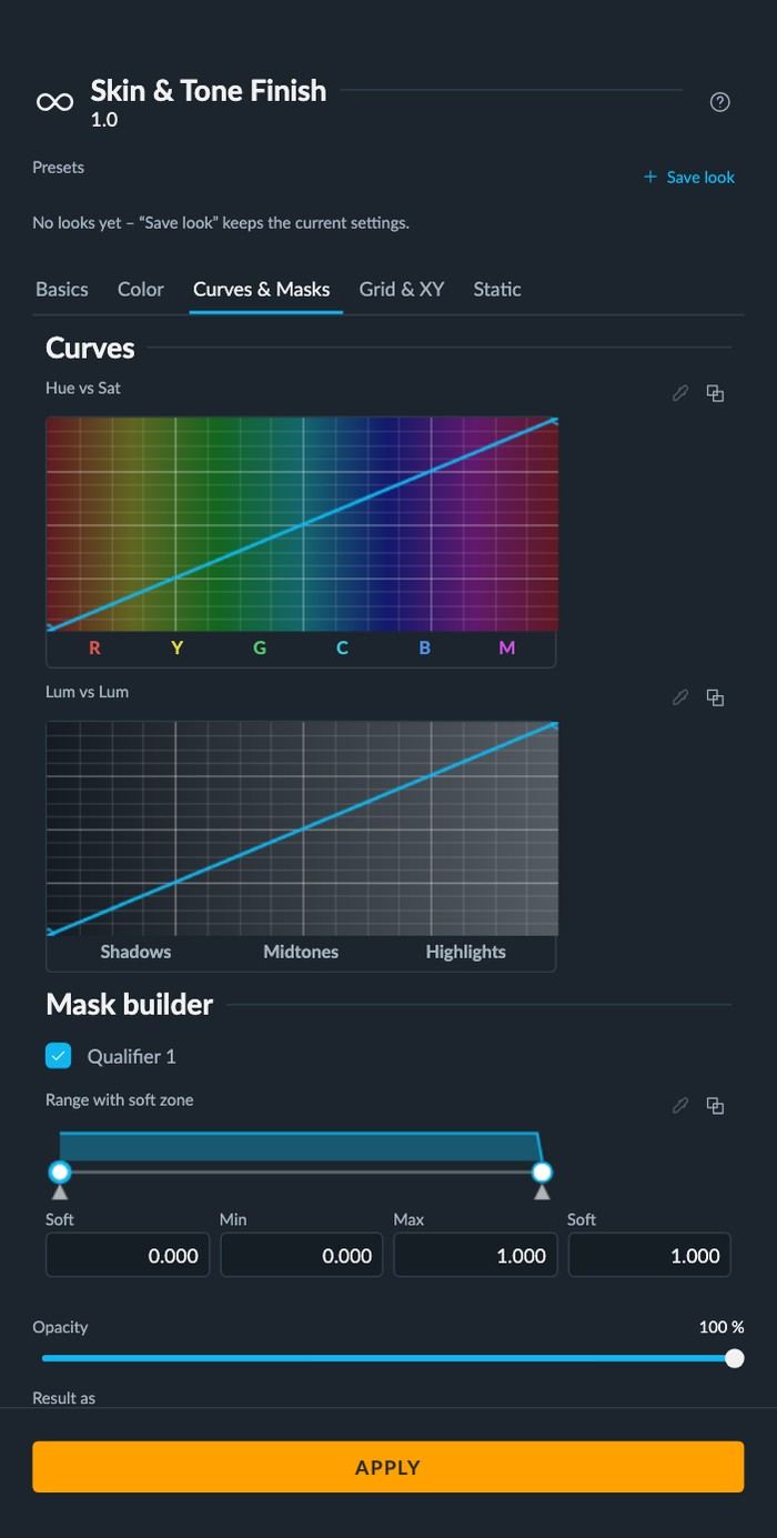 The “Skin & Tone Finish” Player panel: tabs, a hue-versus-saturation curve with color bar, a luminance curve, a mask builder with a soft-edged range control and numeric fields.