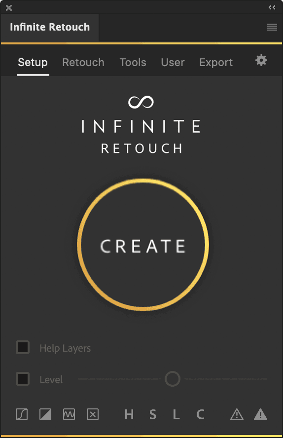Infinite Retouch panel in Photoshop on the Setup tab with a Create button and tabs for Retouch, Tools, User and Export