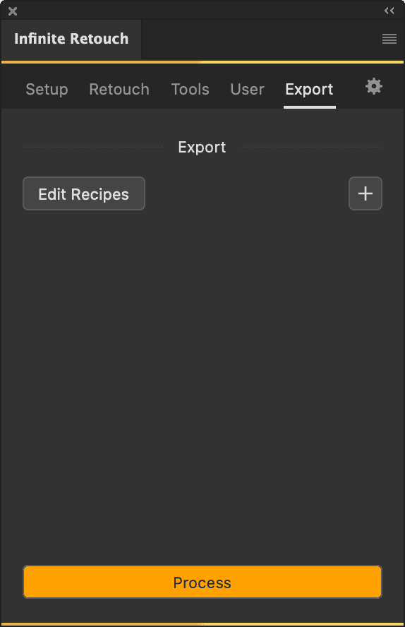 Export tab with an Edit Recipes button and an orange Process button