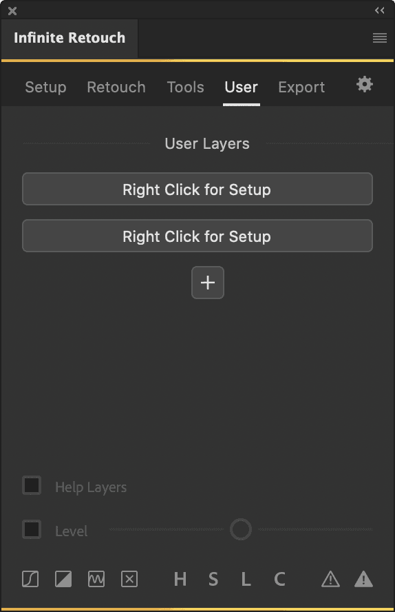 User tab with empty User Layers slots labeled Right Click for Setup